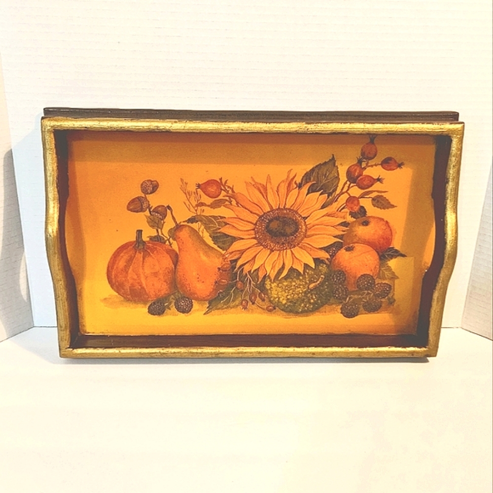 🌺 Vintage Wooden Kitchen Serving Tray with Gold Trim